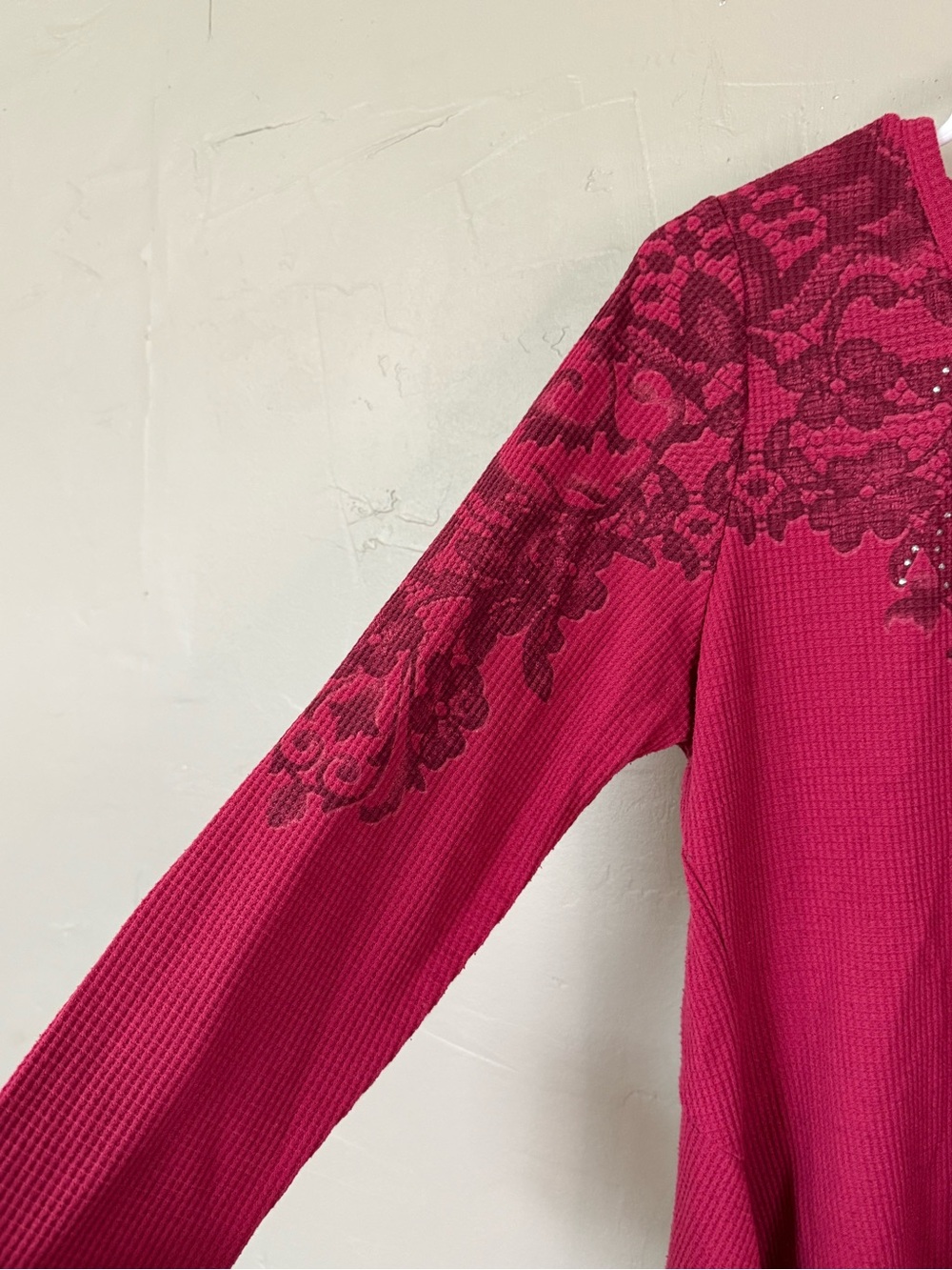 Unity World Wear Raspberry Lace-Yoke Long Sleeve Top with Rhinestones - Picture 4 of 6